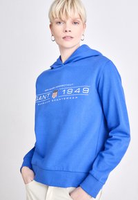 Hanorac cu glugă de culoare albastră, realizat dintr-un material moale, cu un logo frontal care include text și dungi, având o croială lejeră, cu mansete și tiv din material rib.