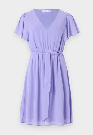 Lilac dress made from lightweight fabric, featuring a V-neckline, short flutter sleeves, a drawstring waist, and a flared skirt.