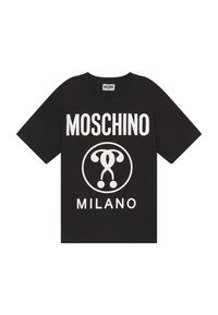 Černé bavlněné tričko s výrazným bílým nápisem "MOSCHINO" nad kruhovým logem s stylizovanou postavou a "MILANO" pod ním. Krátké rukávy.