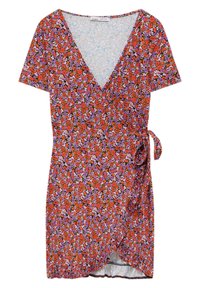 Wickelkleid in leuchtendem Orange mit lila und rosa Blumenmustern. Kurze Ärmel, V-Ausschnitt und seitliche Bindegürtel mit abgerundetem Saum.