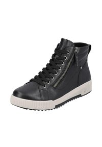 Baskets montantes noires en cuir, avec des lacets noirs, une fermeture éclair sur le côté et une semelle en caoutchouc blanche avec des accents texturés.