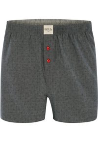 Boxers gris à motifs fabriqués dans un tissu à la texture douce. Dotés de boutons rouges et d'une taille élastique. Étiquette au centre en haut.