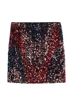 Minihame, joka on peitetty monivärisillä paljeteilla, joissa on punaisen, sinisen, violetin ja vaaleanpunaisen sävyjä abstraktissa kuviossa.