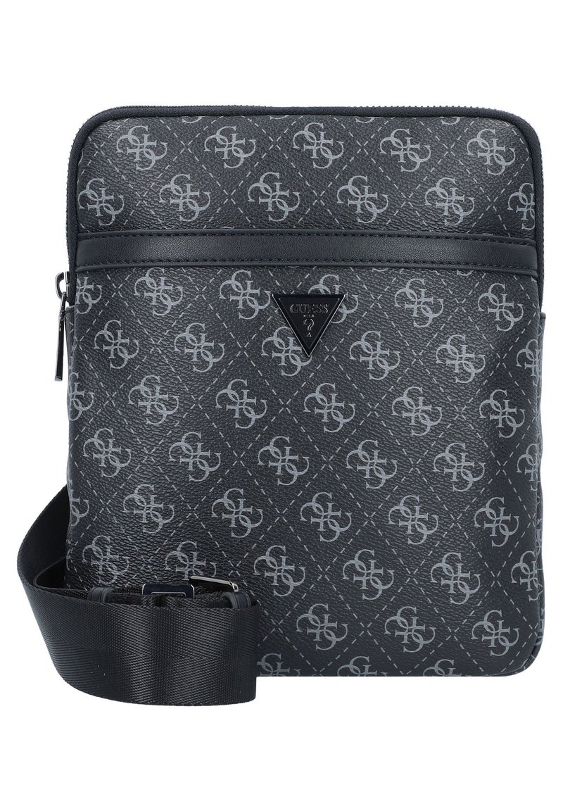 Black and gray synthetic crossbody bag with a monogram pattern, featuring a top zip closure and an adjustable strap. TVA logo on front.