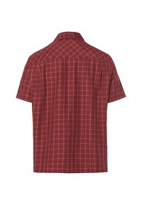 Korte mouwen shirt in roestrood met een ruitpatroon in geel, met een standaard kraag en een rechte rug. Lichtgewicht stof.