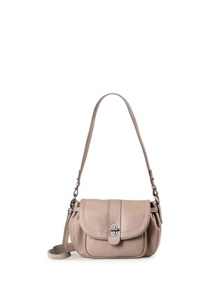 Small beige leather shoulder bag with front flap, metal clasp, adjustable strap, and additional long strap on a white background.