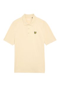 Beige polo shirt van katoen, met een kraag met drie knopen en een klein zwart en geel logo op de linkerborst. Korte mouwen.