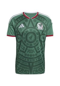 Meksikas nacionālās izlases zaļa futbola džersija ar sarkaniem akcentiem. Tajā ir smalkas tonālās rakstu nianses un Adidas logotips uz labās krūtis puses.