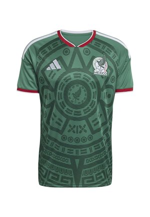 Camiseta de fútbol verde del equipo nacional de México con detalles en rojo. Presenta patrones tonales intrincados y un logo de Adidas en el pecho derecho.