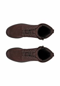 Brown suede ankle boots with a rounded toe, lace-up front, and a soft, textured surface. Black rubber sole and contrasting interior lining.