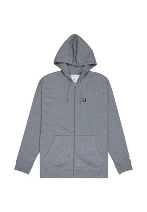 Sweat-shirt à capuche gris avec fermeture éclair, poches avant et petit logo noir sur la poitrine gauche, présenté à plat sur un fond blanc.