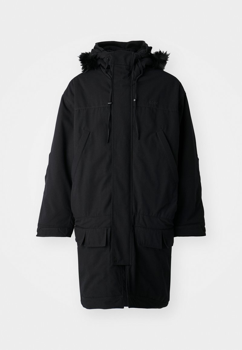 Schwarze Parkajacke mit gefütterter Kapuze aus Fell, mit Reißverschluss, verstellbarem Zugband und mehreren Fronttaschen. Robustes Stoffdesign.