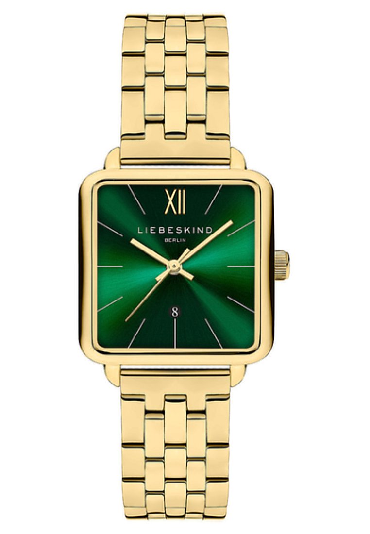 Quadratische goldene Uhr mit einem grünverlaufenden Zifferblatt, goldfarbenen Stundenmarkierungen und einem Datumsdisplay; ausgestattet mit einem verbundenen Metallarmband.
