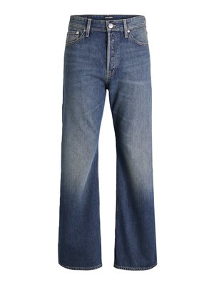 Blauwe spijkerbroek met rechte pijpen, lichte vervaging op de dijen, ontwerp met vijf zakken, knoopsluiting en zichtbare stikseldetails.