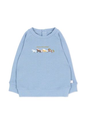Felpa azzurra chiaro a maniche lunghe per bambino con cavalli ricamati in marrone, bianco e giallo sul petto e bottone a pressione sul collo.