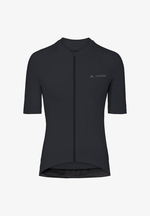 Schwarzes Radsporttrikot für Herren mit kurzen Ärmeln, Frontreißverschluss und Vaude-Logo auf der Brust, für eine sportliche Passform geschnitten.