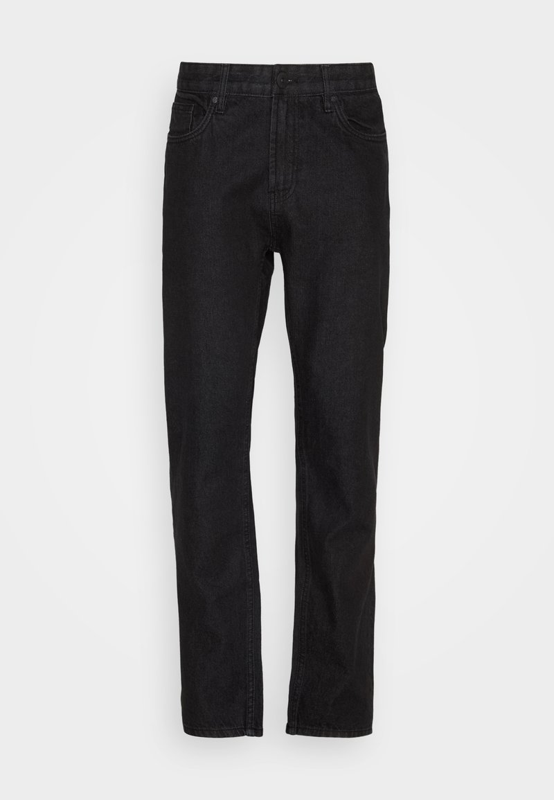 Schwarze Jeans aus Denim mit geradem Bein, fünf Taschen, Knopf- und Reißverschluss und einer dezenten texturierten Oberfläche.