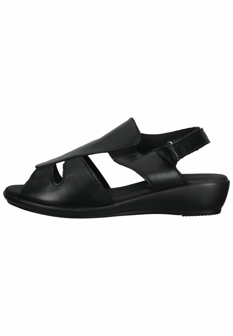 Schwarze Ledersandalen mit einem offenen Zehendesign, ausgestattete mit Ausschnitten, einem Rückengurt und einer niedrigen Keilsohle für Stabilität.