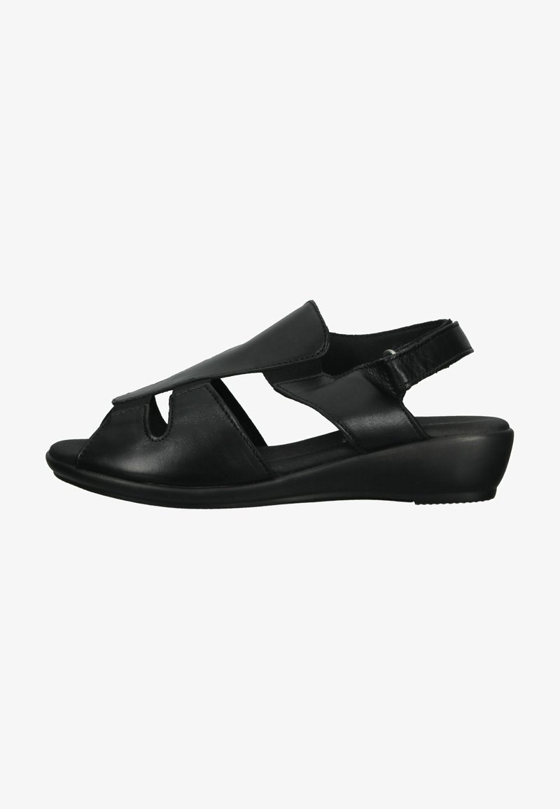 Schwarze Ledersandalen mit einem offenen Zehendesign, ausgestattete mit Ausschnitten, einem Rückengurt und einer niedrigen Keilsohle für Stabilität.