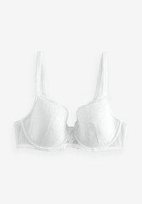 Soutien-gorge blanc avec détails en dentelle. Comprend des bonnets moulés, des bretelles réglables et une finition lisse. Motif floral texturé sur les bonnets.