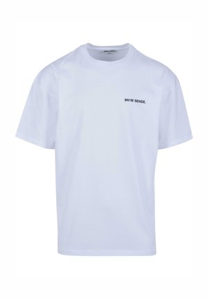 White cotton t-shirt with a crew neck, short sleeves, and minimalistic black text reading "9N1M SENSE." on the left chest area.