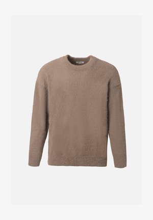 Maglione a maniche lunghe, marrone chiaro e morbido, con scollo rotondo, polsini e orlo a coste, mostrato su uno sfondo bianco uniforme.