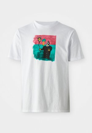 White T-shirt with colorful graphic of a figure in black holding a staff topped with a smiling sun, set against teal and red background with a tree.