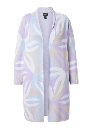 Lange openvallende cardigan met pastel abstract bladvormig patroon in lavendel, lichtblauw, beige en wit, met lange mouwen en zonder zichtbare sluitingen.