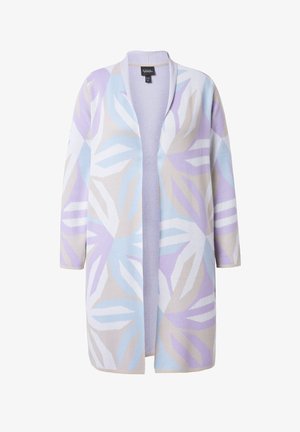 Lang åben cardigan med abstrakt bladmotiv i pastelfarver i lavendel, lyseblå, beige og hvid, med lange ærmer og uden synlige lukninger.