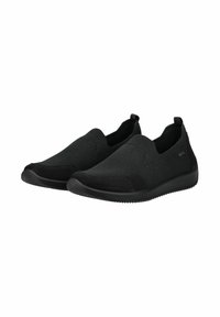 Scarpe slip-on nere con tomaia in tessuto a maglia e punta in suede a contrasto. Caratterizzate da pannelli elastici e una suola in gomma testurizzata per una migliore aderenza.