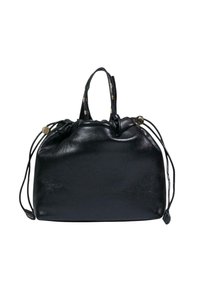 Bolso de mano de cuero negro con forma redondeada, cierre de cuerda y asas cortas. Presenta detalles en tono dorado y una textura suave.