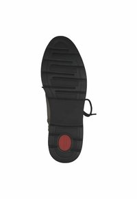 Suela de zapato negra con goma texturizada, que presenta ranuras horizontales, un acento circular rojo y un pequeño lazo para los cordones. Tamaño indicado: 37.