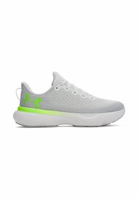Grey athletic shoe with a textured knit upper, white sole, and neon green accents on the heel and logo. Lightweight design for comfort.