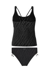 Bikini set v čiernej a šedej zvieracej potlači, ktorý obsahuje top na tanky s nastaviteľnými krížovými ramienkami a zodpovedajúce vysoko vykrojené spodné diely.