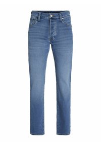 Jeans in denim blu con taglio dritto, cinque tasche e chiusura con bottoni. Il tessuto presenta un leggero sbiadimento, che enfatizza la texture e la profondità.