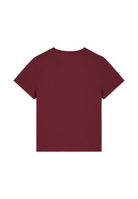 T-shirt bordeaux à manches courtes en coton. Il présente un col rond classique et une texture lisse sans motifs ni détails supplémentaires.