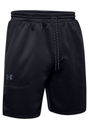 Sorte atletikshorts med elastisk taljebånd, snøre, sidelommer og et lille reflekterende Under Armour-logo på venstre ben.