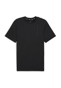 Sort kortærmet T-shirt lavet af blødt bomuld. Har en rund halsudskæring, minimal logo print på fronten og en glat, strømlinet tekstur.