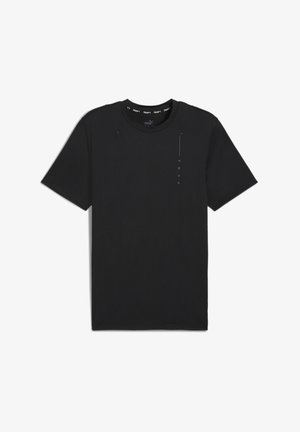 Tricou negru cu mânecă scurtă, realizat din bumbac moale. Are guler rotund, un imprimeu minimal cu logo pe față și o textură elegantă și netedă.