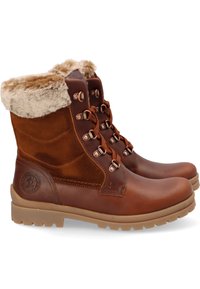 Braune Lederstiefel mit einem mit Fell gefütterten Kragen, Schnürdesign, Gummisohle und geprägtem Logodetail an der Seite. Weiche Wildlederakzente.