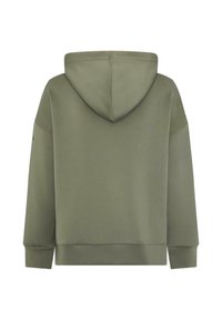 Felpa con cappuccio verde oliva, dal taglio comodo. Presenta polsini e orlo a costine, una texture liscia e non ha loghi o fantasie visibili.
