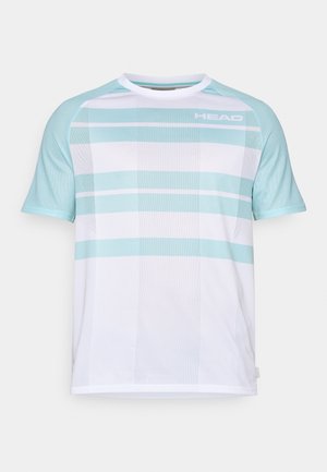 Valge sportlik särk helesiniste aktsentidega ja triibulise luksuslikuga. Logo "HEAD" on nähtav vasakus ülanurgas. Ümar kaelus ja lühikesed varrukad.