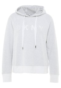 Ljusgrå DKNY-hoodie med en texturerad tygkonstruktion, känguruficka, vita dragsnören och ribbad nederkant. Har logotyp på framsidan.