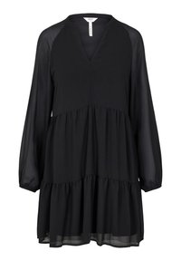 Robe noire avec de longues manches transparentes, décolleté en V et design à volants en cascade. Fabriquée en tissu léger, elle arbore une silhouette ample et fluide.