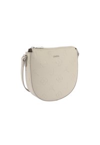 Borsa a tracolla in pelle beige con motivo floreale impresso e logo. Presenta una forma circolare e una chiusura con zip, con una tracolla regolabile.