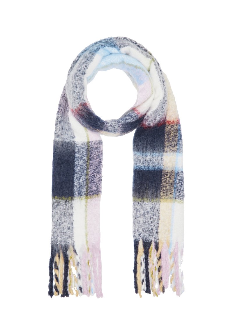 Écharpe tissée multicolore avec un motif à carreaux dans des nuances de bleu marine, rose et crème, avec des extrémités à franges texturées pour un détail supplémentaire.