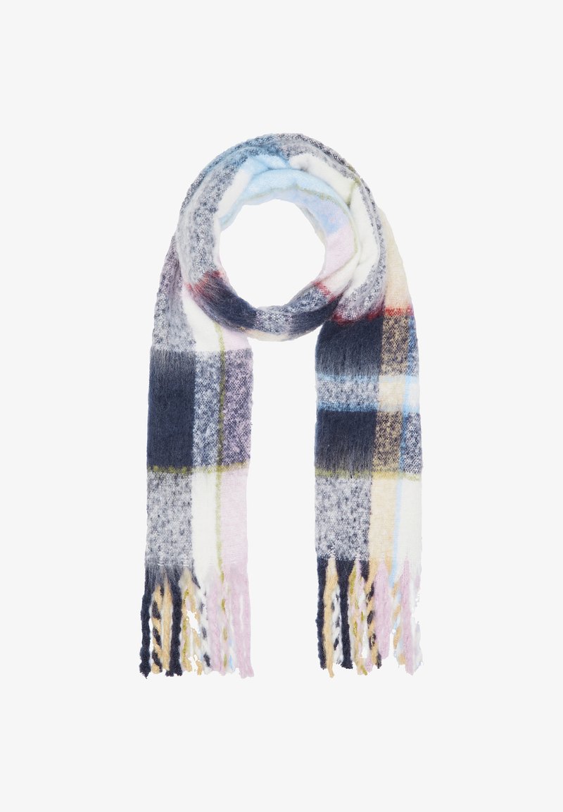 Bufanda multicolor tejida con un patrón de cuadros en tonos de azul marino, rosa y crema, con extremos desflecados texturizados para mayor detalle.
