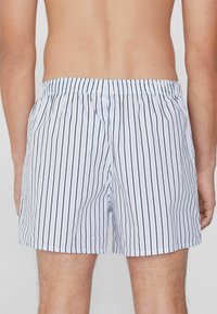 Shorts de bain rayés en bleu clair et marine, avec une taille élastique et des poches, fabriqués dans un tissu lisse et léger.