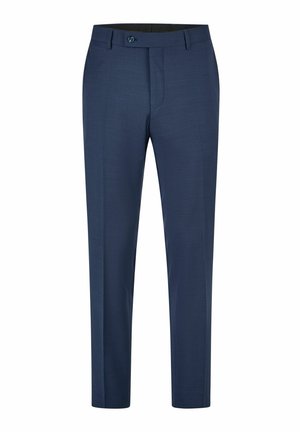 Men’s navy blue slim-fit dress trousers with button closure and belt loops, displayed against a white background.