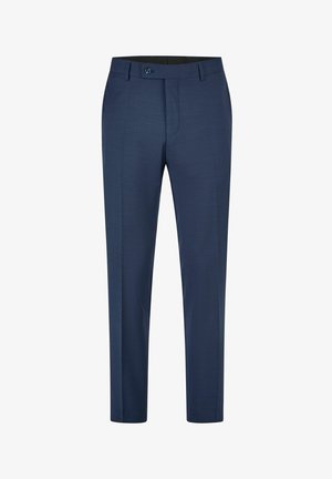 Men’s navy blue slim-fit dress trousers with button closure and belt loops, displayed against a white background.